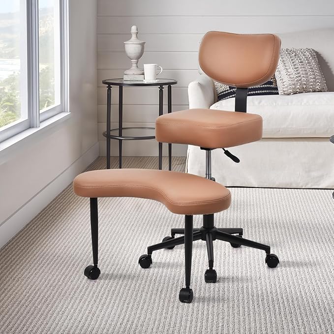 Meditation Chair Cross Legged ADHD Office Chair for Adults with Wheels Ergonomic Back Support and Leg Rest for Multi Position Criss Cross Sitting Kneeling and Yoga Height Adjustable, Leather Style