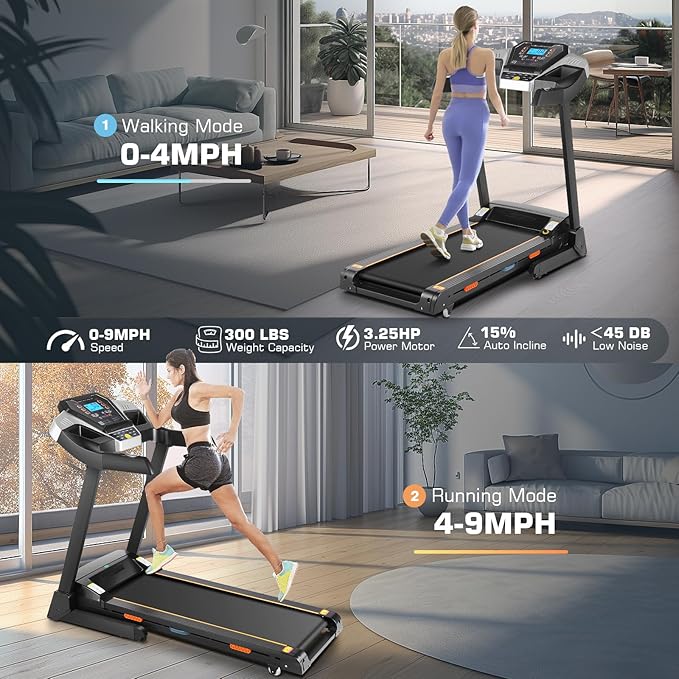 Treadmill with 15% Auto Incline, FUNMILY 3.25HP Heavy Duty Treadmill for Home, 300 lb Weight Capacity Folding Running Machine, Smart App Control/Shock Absorption/Bluetooth Speaker/Large LED Display