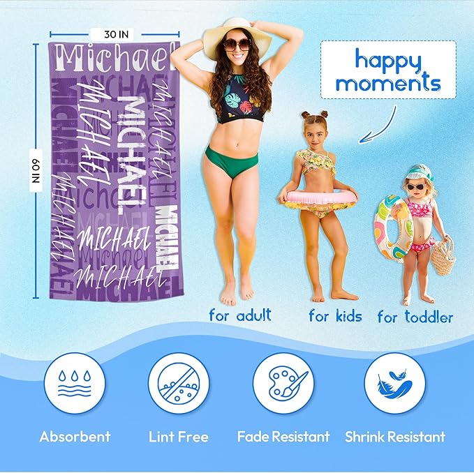 JML Personalized Beach Towel with Name, Custom Beach Towel with Name, Customized Microfiber Pool Towel, Quick Dry & Absorbent Swim Towel for Adult,Anniversary, Birthday, Summer Holiday,Vacation