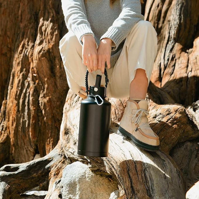 Insulated Water Bottle 64oz,Triple Wall Vacuum Stainless Steel(Dishwasher Safe),Leak Proof & Non-BPA,Flask Jug with Paracord Handle & Straw Spout Lids Sports