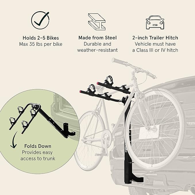 Retrospec Lenox 2-5 - Bike Hitch Rack for Cars, Trucks, SUVs with 2” Hitch | Foldable Steel Frame with Anti-Rattle Adapter, Tie Down Cradles and Straps - Fits Most Frames