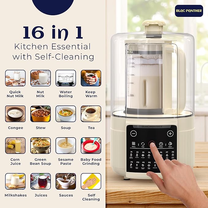 16-in-1 Blender & Nut Milk Maker, 50oz โ Soy/Oat Milk, Plant-Based Milk, Milkshake, Soup Maker. 8 High-Speed Blades, Ultra-Quiet Noise Canceling, Auto Timer, Heat Insulation.