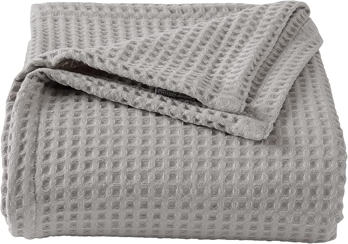 100% Cotton Waffle Weave Bed Blanket | Soft, Breathable, and Lightweight Blanket for All-Season | Perfect for Layering | Brielle Collection (Full/Queen, Light Grey)
