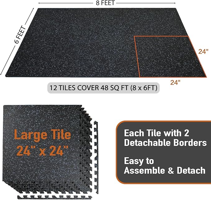 0.56in Thick 48 Sq Ft Exercise Equipment Mats 12 Tiles