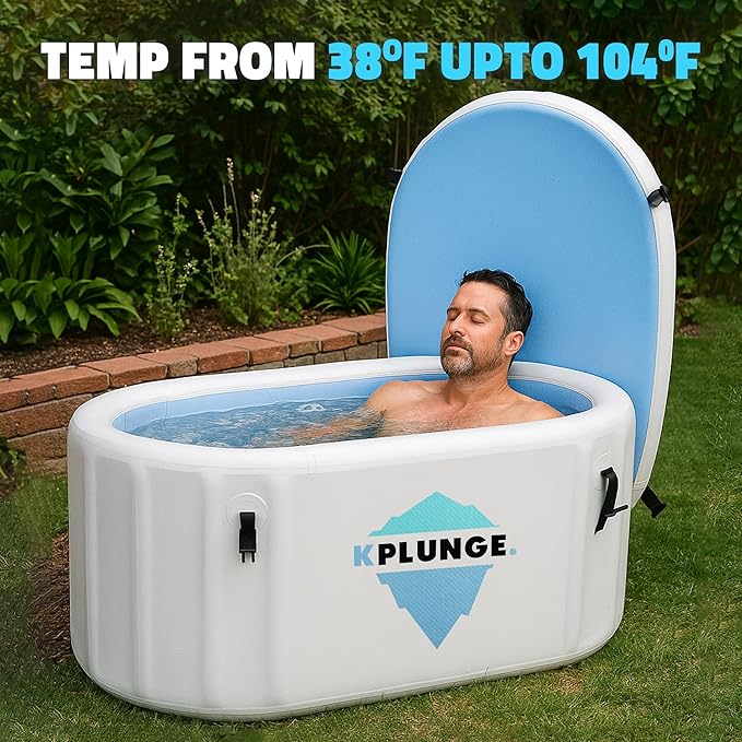 Kodiak 59" 1-Person Inflatable Cold Plunge Ice Bath Tub or Hot Tub with PVC Insulated Lid, Hand Pump, Repair Kit, 110-Gallon Capacity β Chiller Compatible Indoor/Outdoor Tub β Gray