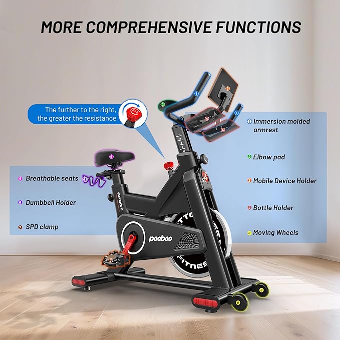 Exercise Bike, Stationary Bike for Home Cardio with Comfortable Seat Cushion, Adjustable Seat Handle, iPad Holder & 350 lbs Weight Capacity