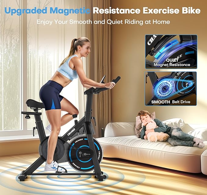 Exercise Bike, CHAOKE Quiet Magnetic Resistance 300LB Capacity Stationary Bike for Home with App Compatible, Indoor Bike with Comfortable Seat and Digital Display