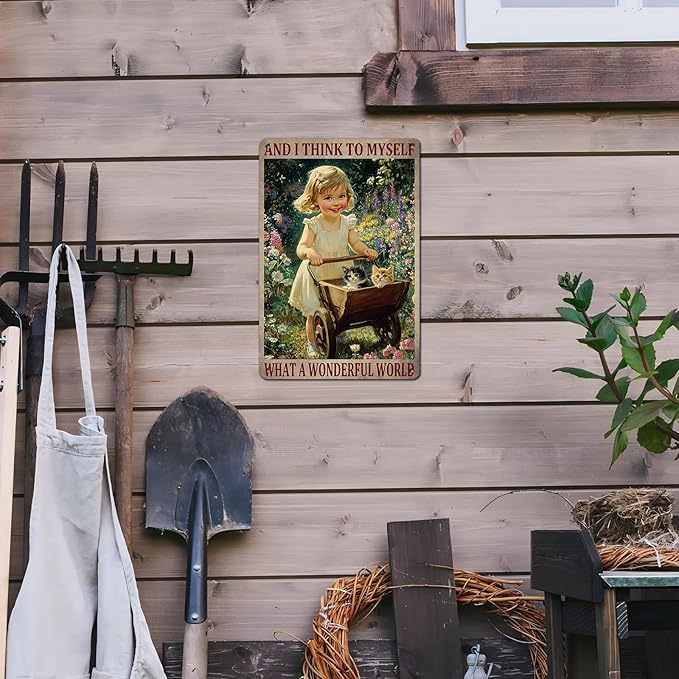 Garden Girl Metal Tin Sign Wall Art Rustic Vintage Outdoor Decor And I Think To Myself What A Wonderful World Quote 12 * 8inch