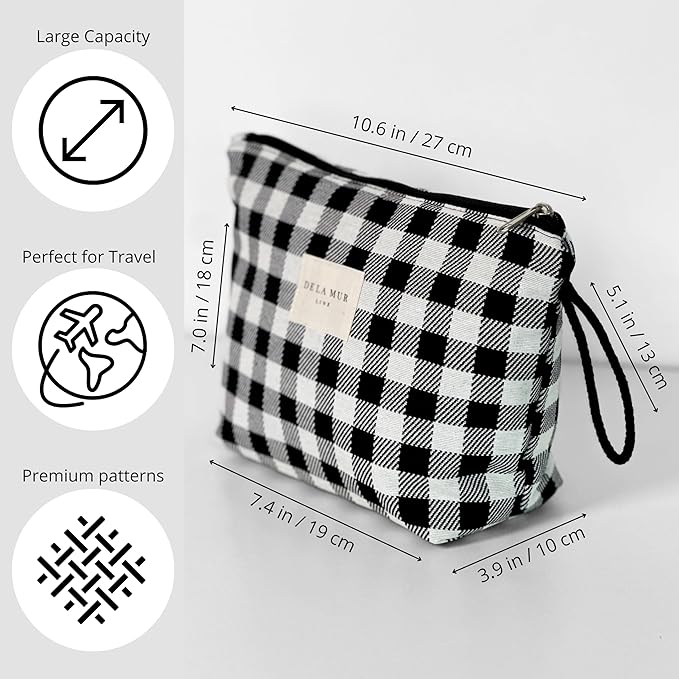 Large Checkered Travel Makeup Bag for Women – Black & White Cosmetic Organizer for Toiletries, Skincare & Beauty – Durable Travel Size Toiletry Pouch – Made in Barcelona, Spain