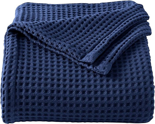 100% Cotton Waffle Weave Bed Blanket | Soft, Breathable, and Lightweight Blanket for All-Season | Perfect for Layering | Brielle Collection (King, Navy)