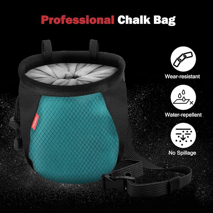 MoKo Rock Climbing Chalk Bag, Bouldering Chalk Pot Bucket with Adjustable Belt & Carabiner Drawstring Climbing Gear