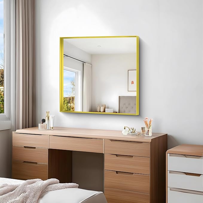Gold Bathroom Mirror, 30x30 Inch Rectangular Framed Mirror, Large Wall Mounted Bathroom Vanity Mirror Over Sink for Bedroom,Restroom, Living Room, Hangs Vertically or Horizontally