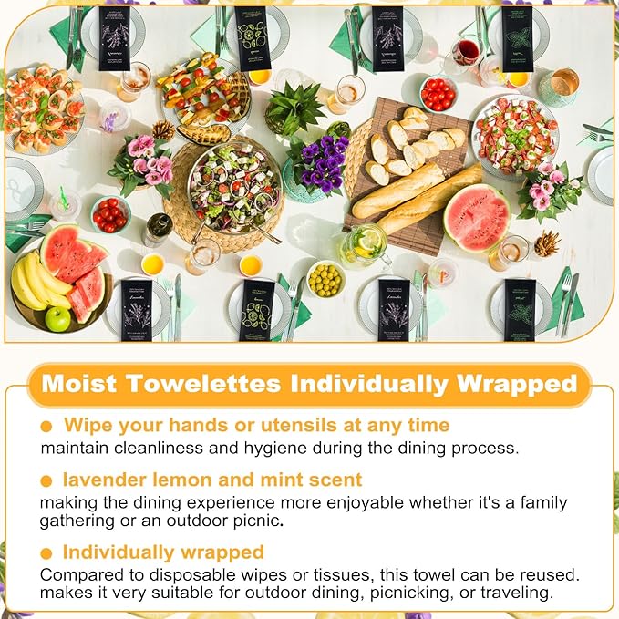 Moist Cotton Towel Bulk Moist Towelettes Individually Wrapped 8.7" x 8.7",White Towel Services,Refreshment Pre Moistened Towels Lavender, Lemon and Mint for Sport Party Spa (pack of 60)