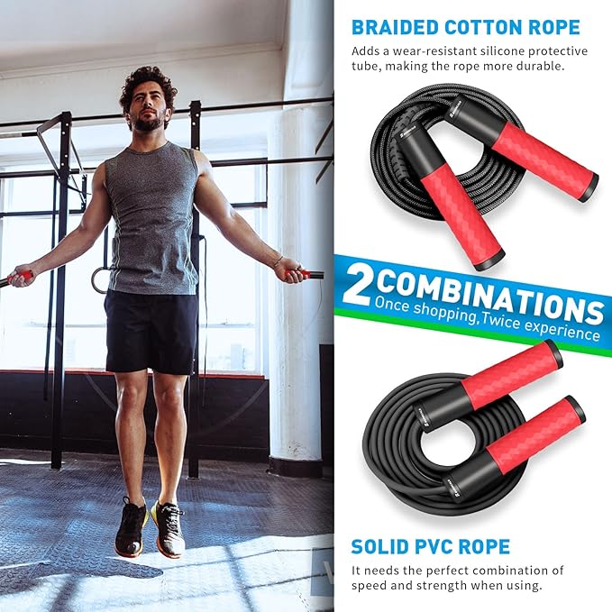 Weighted Jump Rope for Men, Women (1.5LB) - Alloy Steel Handles, Speed Skipping Rope, Gym,Indoor/Outdoor - Fitness, Workout, Boxing - Solid PVC & Cotton Rope