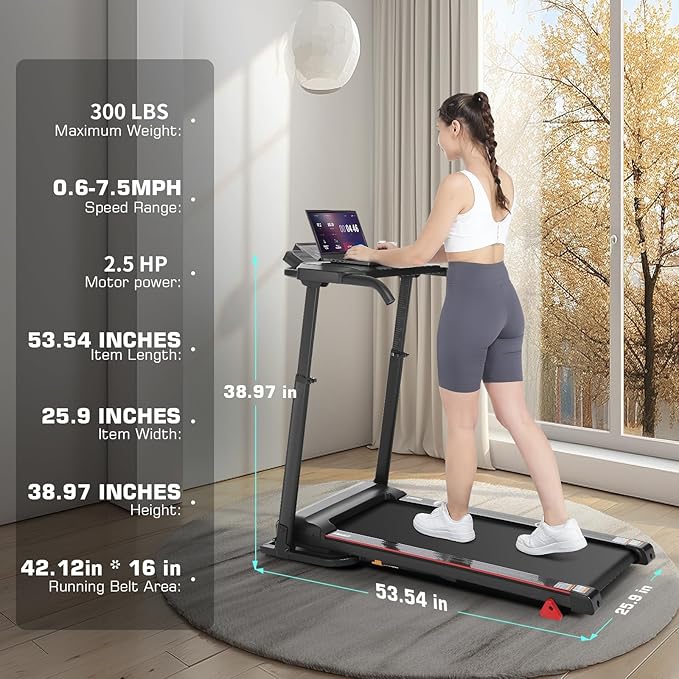 Treadmill with Desk Workstation & Adjustable Height, 300 LBS Weight Capacity, Folding Treadmill with 3 Level Incline, Bluetooth Speaker & App, Portable 2.5HP Walking Pad with Desktop for Home Office