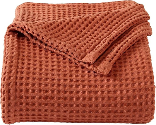 100% Cotton Waffle Weave Bed Blanket | Soft, Breathable, and Lightweight Blanket for All-Season | Perfect for Layering | Brielle Collection (Full/Queen, Burnt Orange)