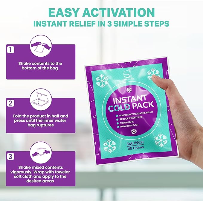Instant Ice Cold Pack (6” x 5”) - 50 Packs Disposable Instant Ice Packs for Injuries | Cold Compress Ice Pack for Pain Relief, Swelling, First Aid, Toothache, & Outdoor Activities -Subscribe & Save