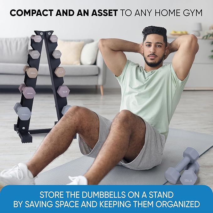 Dumbbell Set with Rack - Neoprene Coated Weights with Stand - Hex Color Coded Dumbell Pairs 1-20 LBs