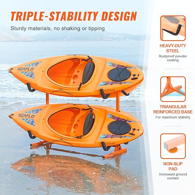VEVOR Freestanding Kayak Storage Rack, Kayak Stand for 2 or 4 Kayak Canoe Paddleboard, Heavy-Duty Steel Kayak Hanger Holder with Padded Arms and Adjustable Width,for Indoor Outdoor Garage