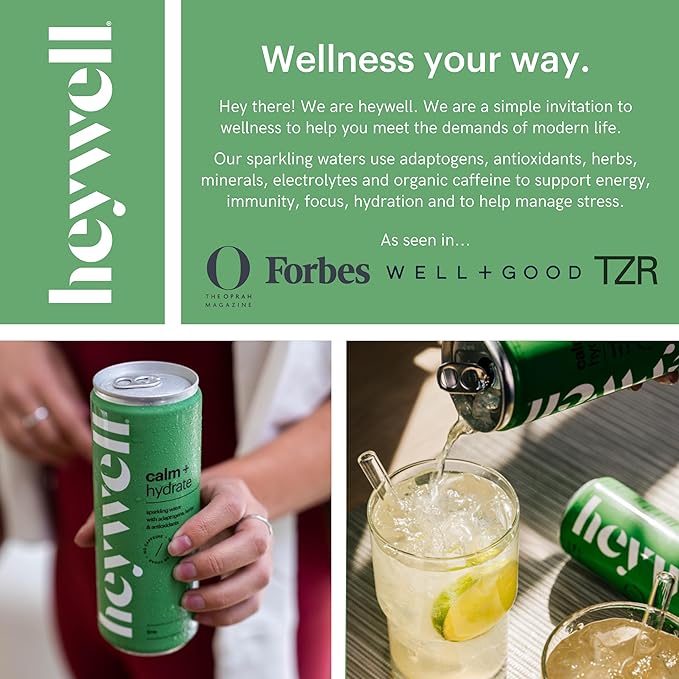 Heywell Sparkling Adaptogenic Water Calm and Restore, Lime Flavor 12 Fluid Ounce (Pack of 12) - Non Caffeinated, Organic, Non GMO, Vegan, Gluten Free, Dairy Free