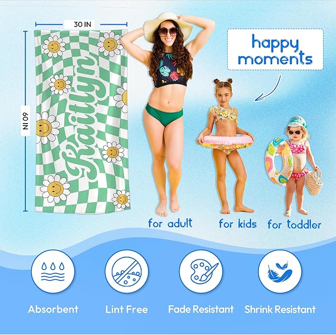JML Personalized Beach Towel with Name, Custom Flower Beach Towel, Customized Microfiber Pool Towel, Quick Dry & Absorbent Swim Towel for Adult,Anniversary, Birthday, Summer Holiday,Vacation