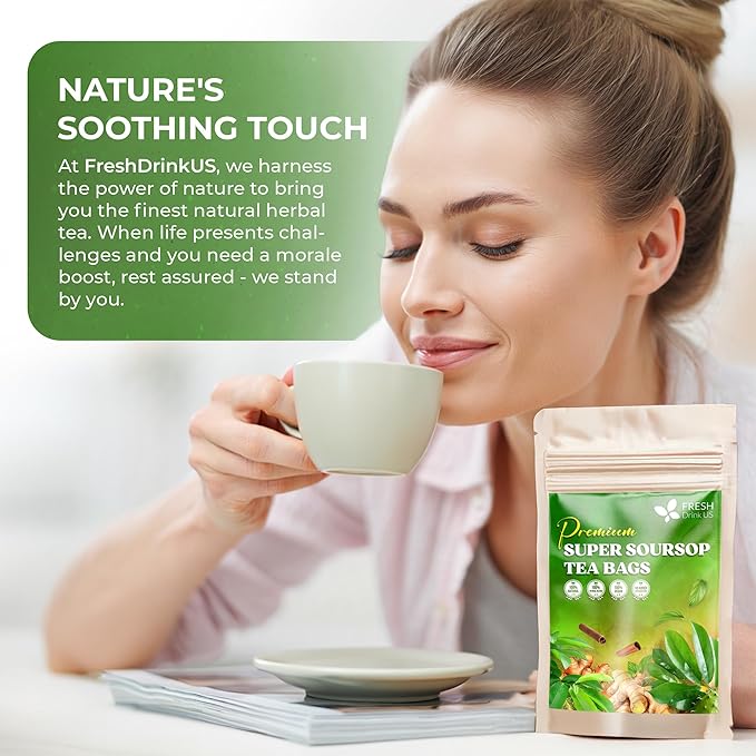 FreshDrinkUS, Super Soursop Herbal Tea โ 60 Tea Bags | Soursop, Ginger, Turmeric, Lemongrass, Cinnamon, Black Pepper & Peppermint | Caffeine-Free, Natural Flavor, Plant-Based Blend | Sugar-Free