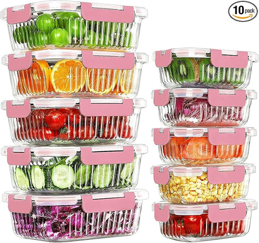 10 Packs Glass Meal Prep Containers with Lids, Glass Food Storage Containers Set, Airtight Lunch Containers, Microwave, Oven, Freezer and Dishwasher Safe, Pink