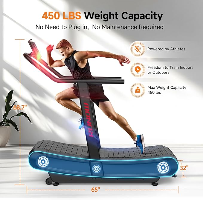 RUNOW Curved Treadmill with 4 Resistance Levels Non Motorized Manual Treadmill with LCD Display,Self Generated Air Runner for Home & Commercial Use 450LBS Capacity