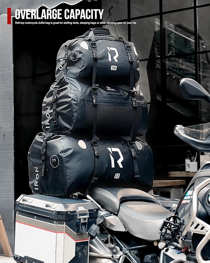 BORLENI Waterproof Motorcycle Dry Duffel Bag Luggage Tail Bag with Large Storage Space,Roll Top Closure, Shoulder Straps, Inner Pocket and Mesh Pocket for Motorcycling Travel Camping (Black,50L)