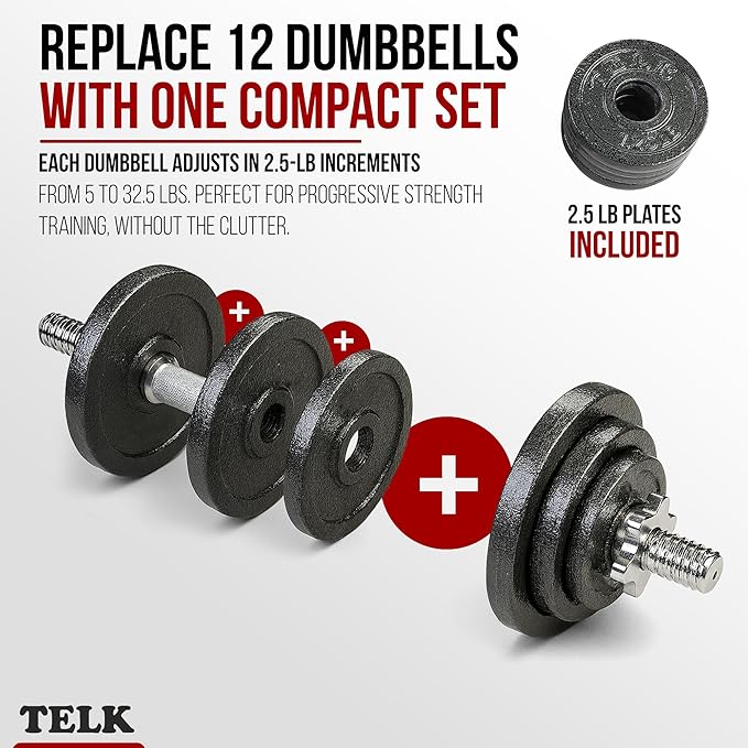 TELK – Adjustable Dumbbell Set – Home Gym Weight Set with Baked Enamel Cast Iron Plates – Space-Saving Free Weights for Strength Training