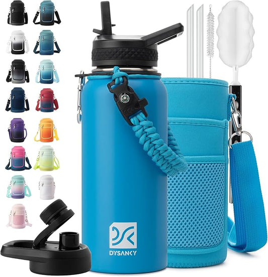 Insulated Water Bottle | Thickened Stainless Steel Vacuum Metal | Portable Sports Water Jug for Gym and Hiking with Straw, Carrier Bag, Handle Strap | BPA-Free 32 oz