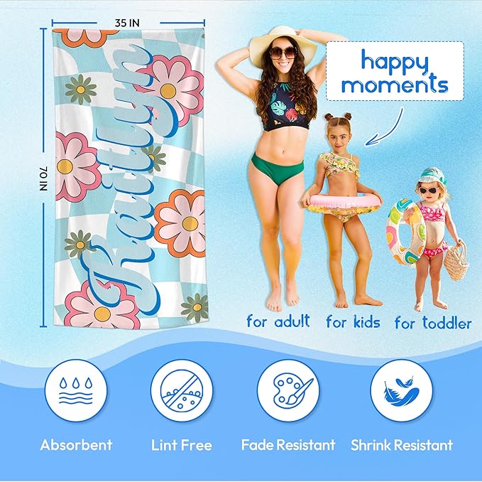 JML Personalized Beach Towel with Name, Custom Flower Beach Towel, Customized Microfiber Pool Towel, Quick Dry & Absorbent Swim Towel for Adult,Anniversary, Birthday, Summer Holiday,Vacation