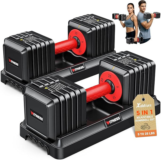 XDDIAS Adjustable Dumbbell Set of 2, 25/55/80LB Dumbbell Set-1Sec Adjustable Weights-5/10 in 1 Free Weights Dumbbells Set with Effortless Tray/No-Slip Handle-Compact Size for Women/Men at Home Gym