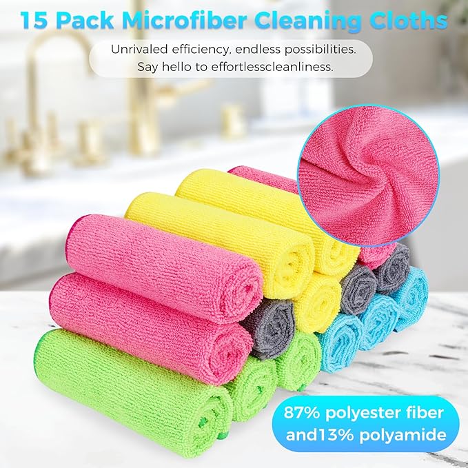 Microfiber Cleaning Cloth, Pack of 15, Lint Free, Absorbent, Streak Free, Non-Abrasive, Reusable and Washable,Cleaning Towels with 5 Color Assorted,11.5"X11.5"(Green/Blue/Yellow/Pink/Grey)