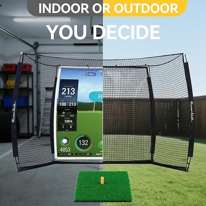 Golf Cage with Impact Screen, 10x8 Ft Golf Hitting Net w/Sound-Dampening Cloth, Practice Mat, Golf Simulator Enclosure, Indoor & Outdoor Driving Chipping Equipment for Home, Backyard & Garage
