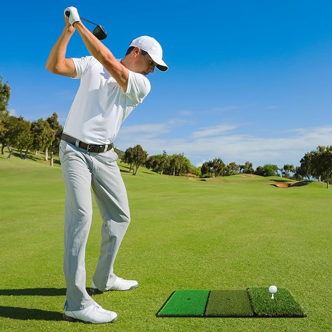 Golf Practice Mat 3-in-1 Turf Golf Hitting Mat for Swing, Putting & Chipping | Portable Golf Training Mat Indoor/Outdoor, Golf Mat with 8 Tees