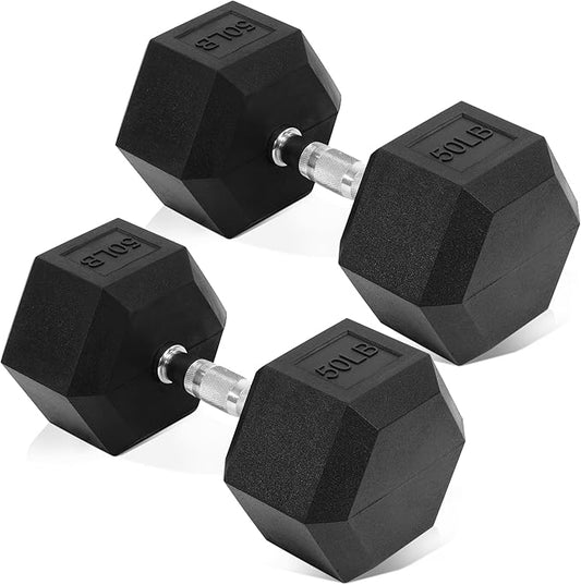 Rubber Encased Hex Dumbbell, Hand Weights with Anti-Slip Cast Iron Grip for Exercise & Fitness, Weights Dumbbells Set of 2 for Strength Training, 5-50 LBS Pair