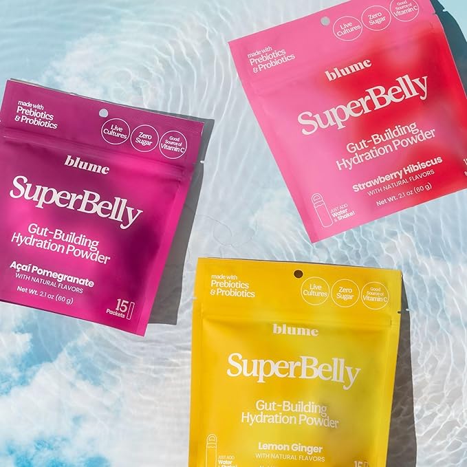 Blume New SuperBelly Gut Health and On-The-Go Hydration Packets, Sugar-Free, with Prebiotics, Probiotics, Apple Cider Vinegar, Vitamin C, and Electrolytes, Strawberry Hibiscus, 15 Sticks