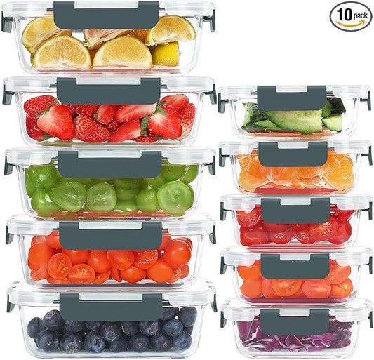 10 Pack Glass Food Storage Containers, Meal Prep Containers with Lids, Airtight Glass Lunch Boxes, Freezer, Oven, and Microwave Safe