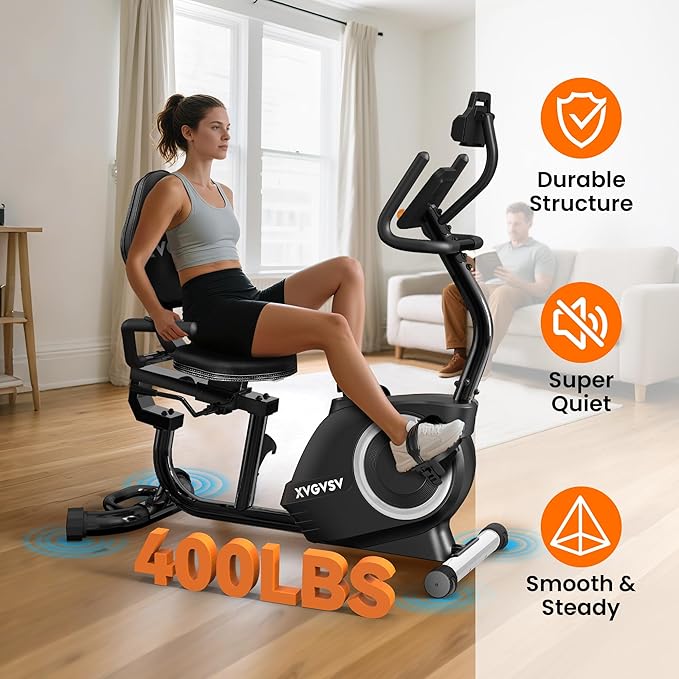 Recumbent Exercise Bike for Home Use, Quiet Recumbent Stationary Bikes for Adults & Seniors, 16-Level Resistance, Adjustable Seat, Supports 400LB, Pulse Sensors & LCD Display