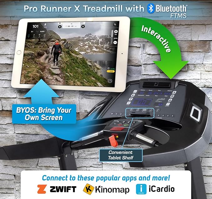 Pro Runner X Treadmill - Heavy Duty Home Construction - FreeSync FTMS Bluetooth Connectivity - Low 6.5" Step-up Height - Foldable Compact Storage - Orthopedic Belt - 350 lb Capacity