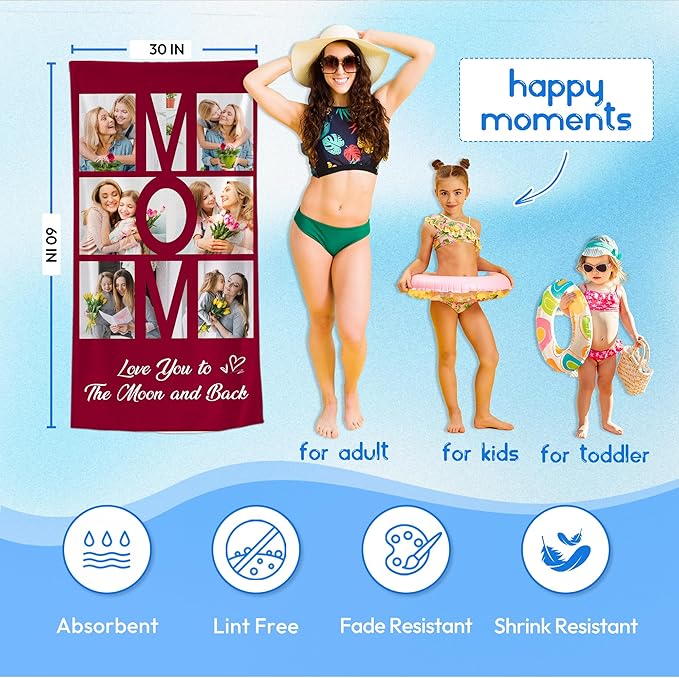JML Mothers Day Birthday Gifts for Mom from Daughter Son, Personalized Beach Towel with Photo, Custom Beach Towel Gift for Mommy, Grandma, Women, Wife Anniversary Family Day, Summer, Holiday