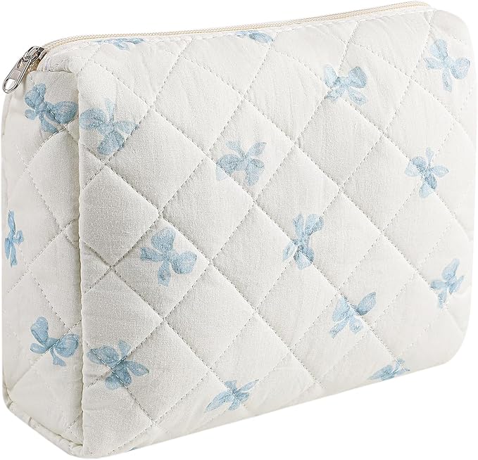 Large Quilted Cotton Makeup Bag Cosmetic Bag for Women, Cute Large Floral Cotton Travel Cosmetic Bag, Zipper Toiletry Bag Makeup Organizer Storage Bag (Blue Bow Tie)