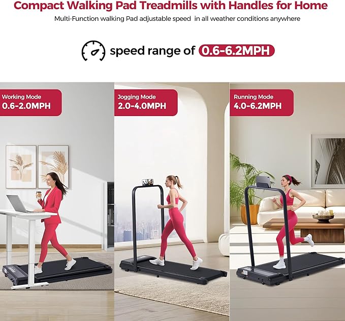 Compact Walking Pad with Handle Bar, 3.0HP Portable Walking Pads Treadmills with Handles for Home Small, 0.6-6.2MPH Compact Home Small Treadmills for Small Spaces, 320LBS