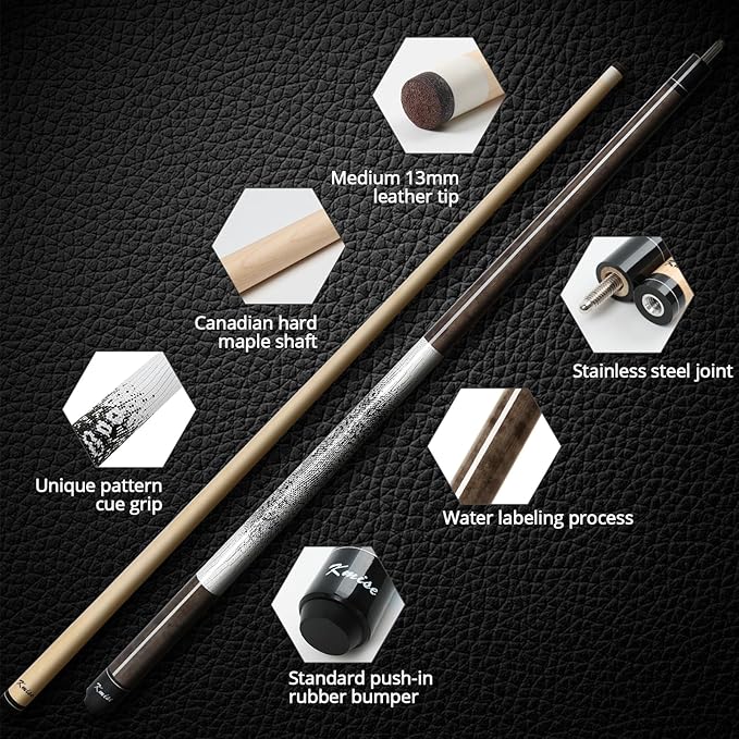 Kmise Professional Low-Deflection Pool Cue Stick, 58'' Canadian Hard Maple Wood Billiard Cue, 13mm Leather Tip, 3D Anti-Slip Grip, Precision Control for Adults/Beginners/Pros