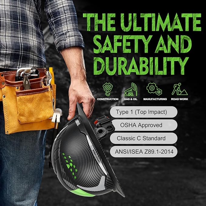 GREEN DEVIL Matrix Full Brim Hard Hat with Headlight Vented Construction Safety Helmet OSHA Approved Cascos De Construccion Work Hardhat for Men&Women