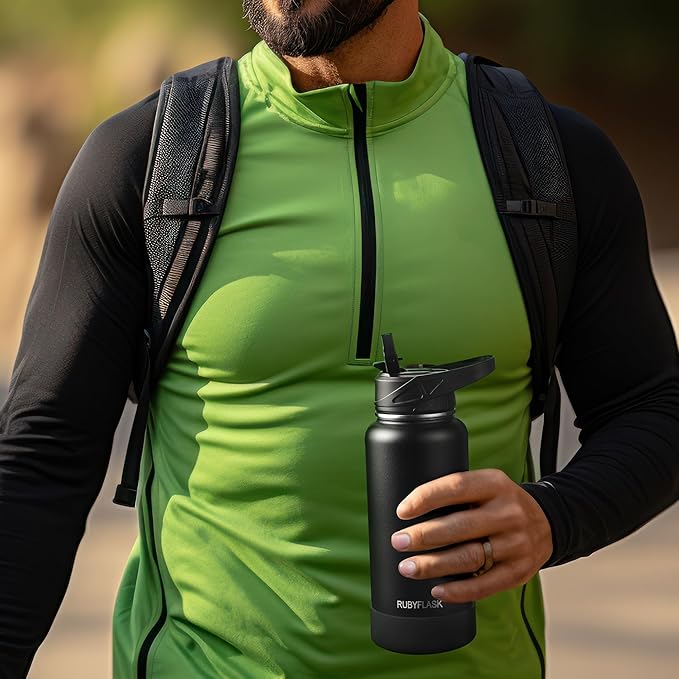 32oz Insulated Water Bottle with Straw, Stainless Steel Metal Vacuum Water Flask, Large Thermal Water bottle with Leakproof 3 Lids for Travel, Camping, Gym Sports Dark Rainbow