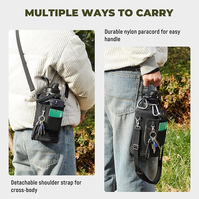 Half Gallon Insulated Water Bottle, 64 oz Triple Wall Stainless Steel Flask, Keeps Drinks Cold for 48 Hrs Leak-Proof & BPA-Free Half Gallon Jug with Paracord Handle, Straw & Spout Lids(2 pack,Black)