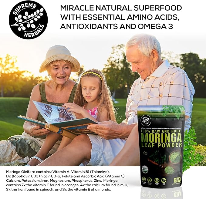 100% Raw and Pure Moringa Leaf Powder. Organic Certified Moringa Leaf. Natural Superfood with Essential Amino Acids, Antioxidants, and Omega 3, 8 oz Resealable Bag.