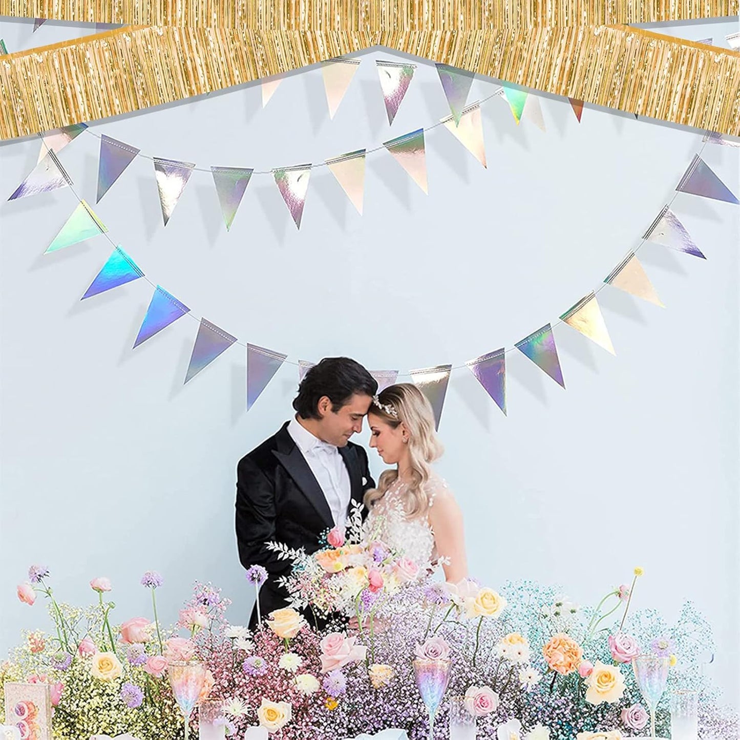 10 Pack 10 Feet Foil Fringe Garland Metallic Tinsel Streamers Banner Wall Hanging Curtain Backdrop for Parade Floats, Wedding, Disco, Birthday, Halloween, Christmas Party Decorations(Champagne Gold)